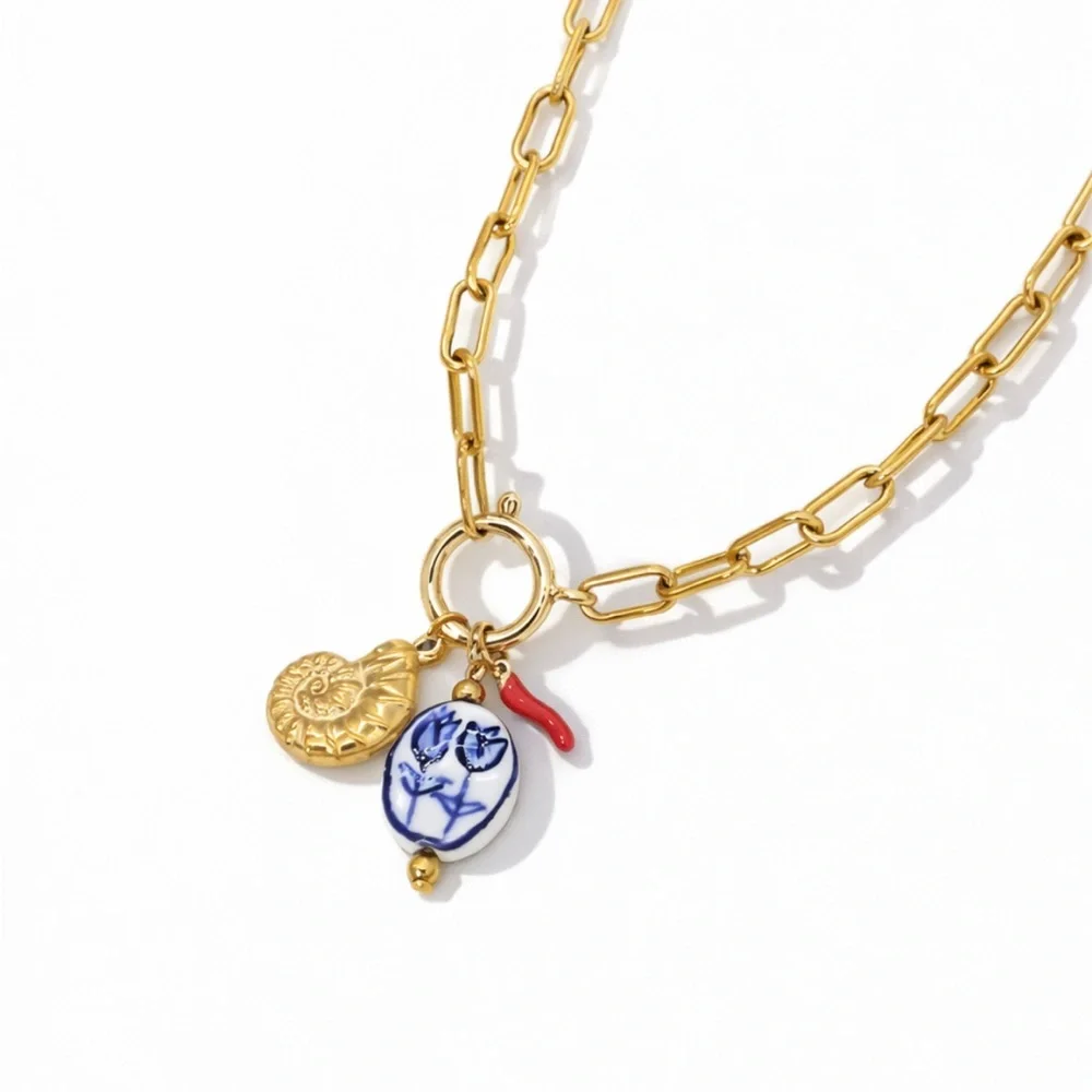 New! Blue Oil Drip Porcelain Charm Gold Paperclip Chain Necklace (1056) NWOT - Picture 2 of 3